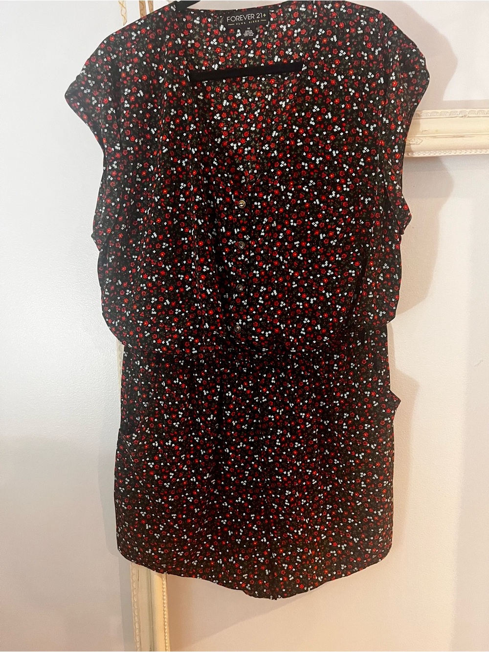 Forever 21 Black Floral Cap-Sleeve Shorts Romper with Red & White Accents